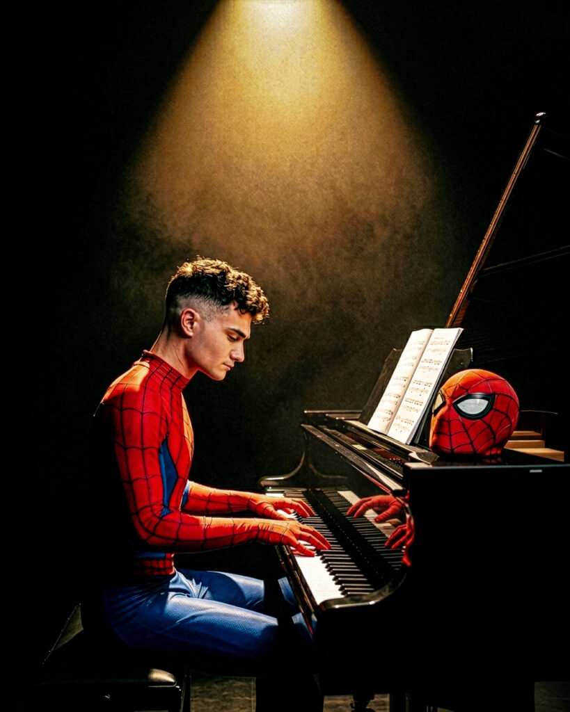 Marco Elba nei panni di Spider-Man suona il pianoforte